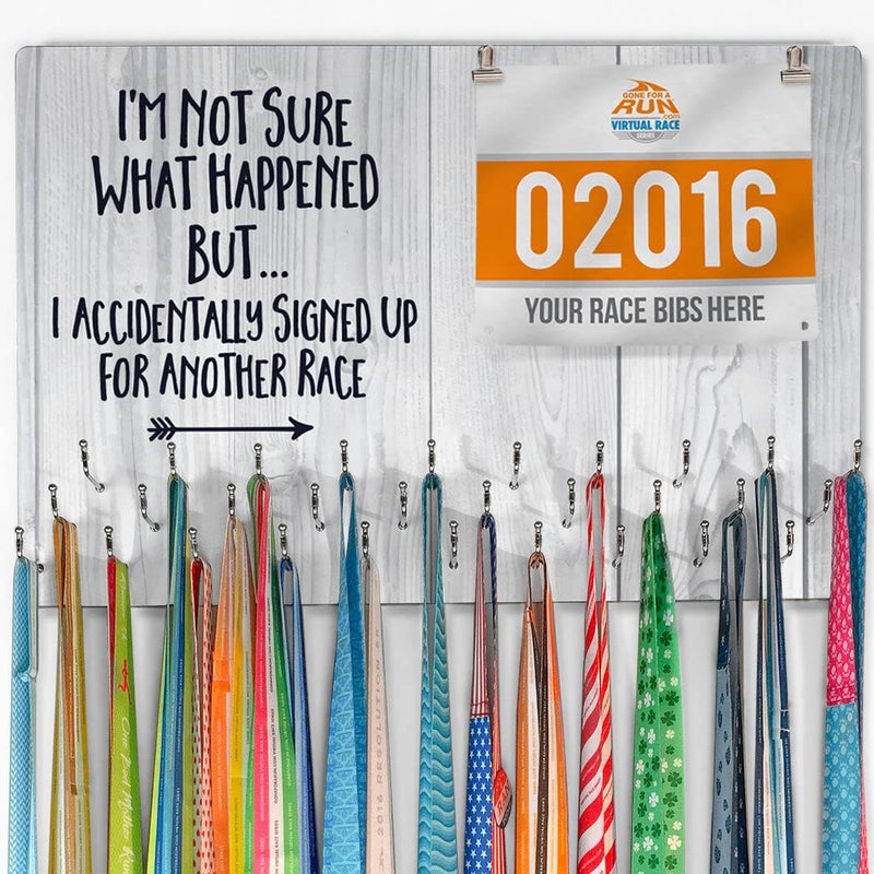 Gone For a Run Hooked on Medal Hanger & Bib Display | Signed Up for Another Race | Wood - Image 1